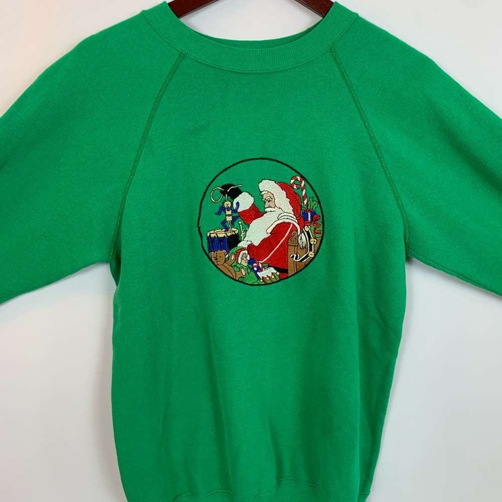 Vintage 80s/90s Green Crewneck Christmas Sweatshirt M Santa Claus Embroidered